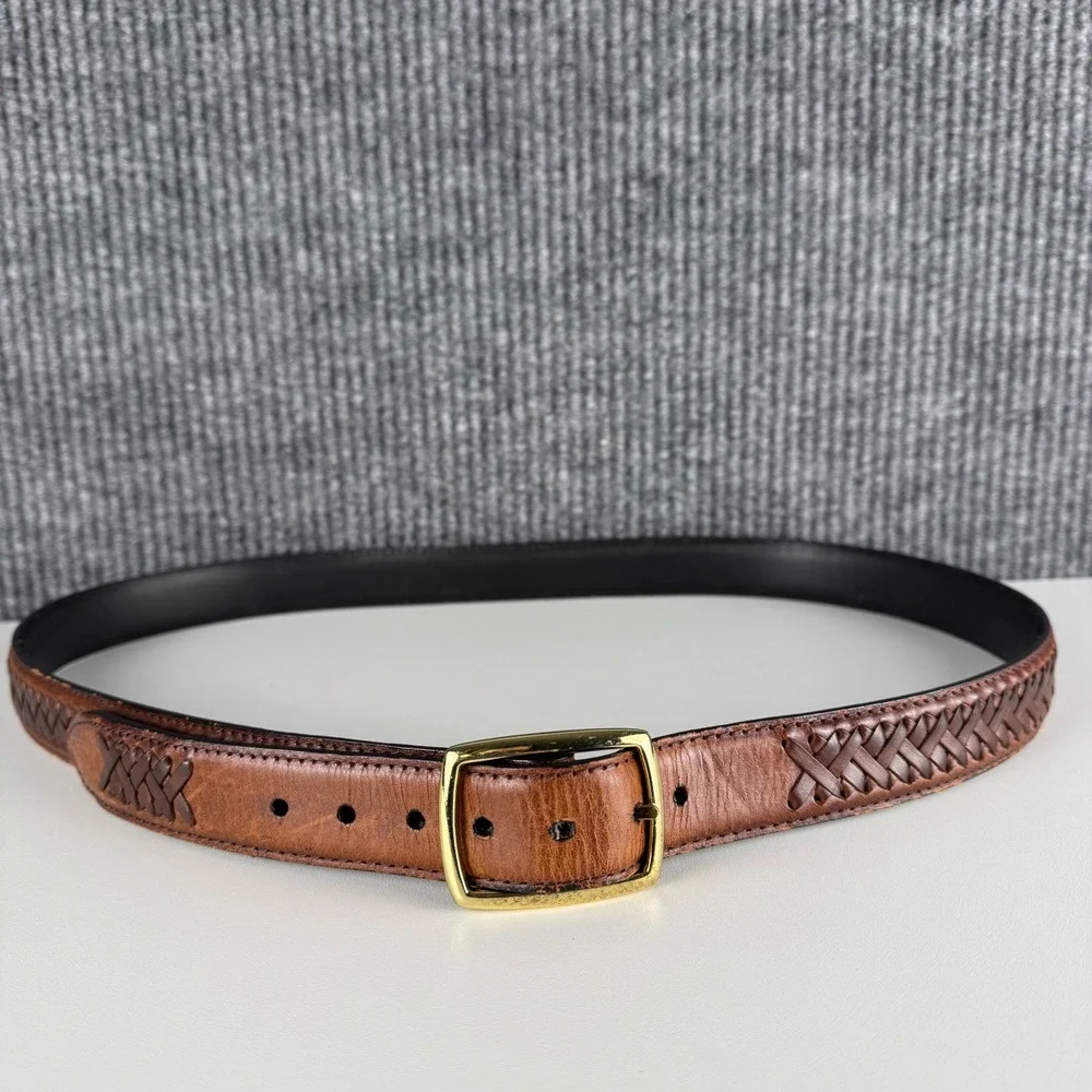 Brown Genuine Leather Woven Lattice Belt‎ Gold Buckle Size 40 8000T Mens Brown